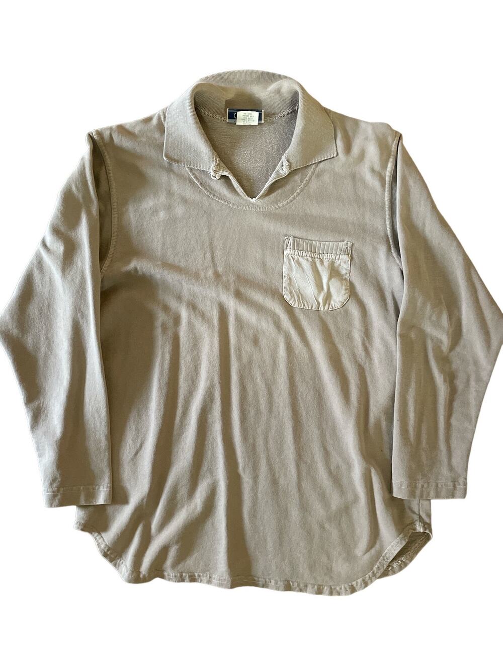 Vintage Casually Clio Small Tan Reverse Weave Collared Pocket Pullover USA Made